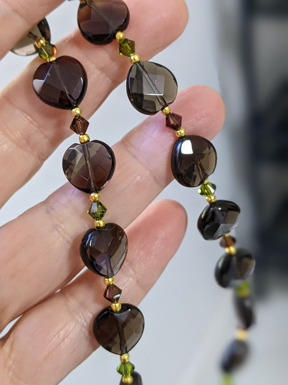Thumbnail: Smokey Quartz Gem Hearts Necklace Earrings Set Gold Tone Handmade Australia