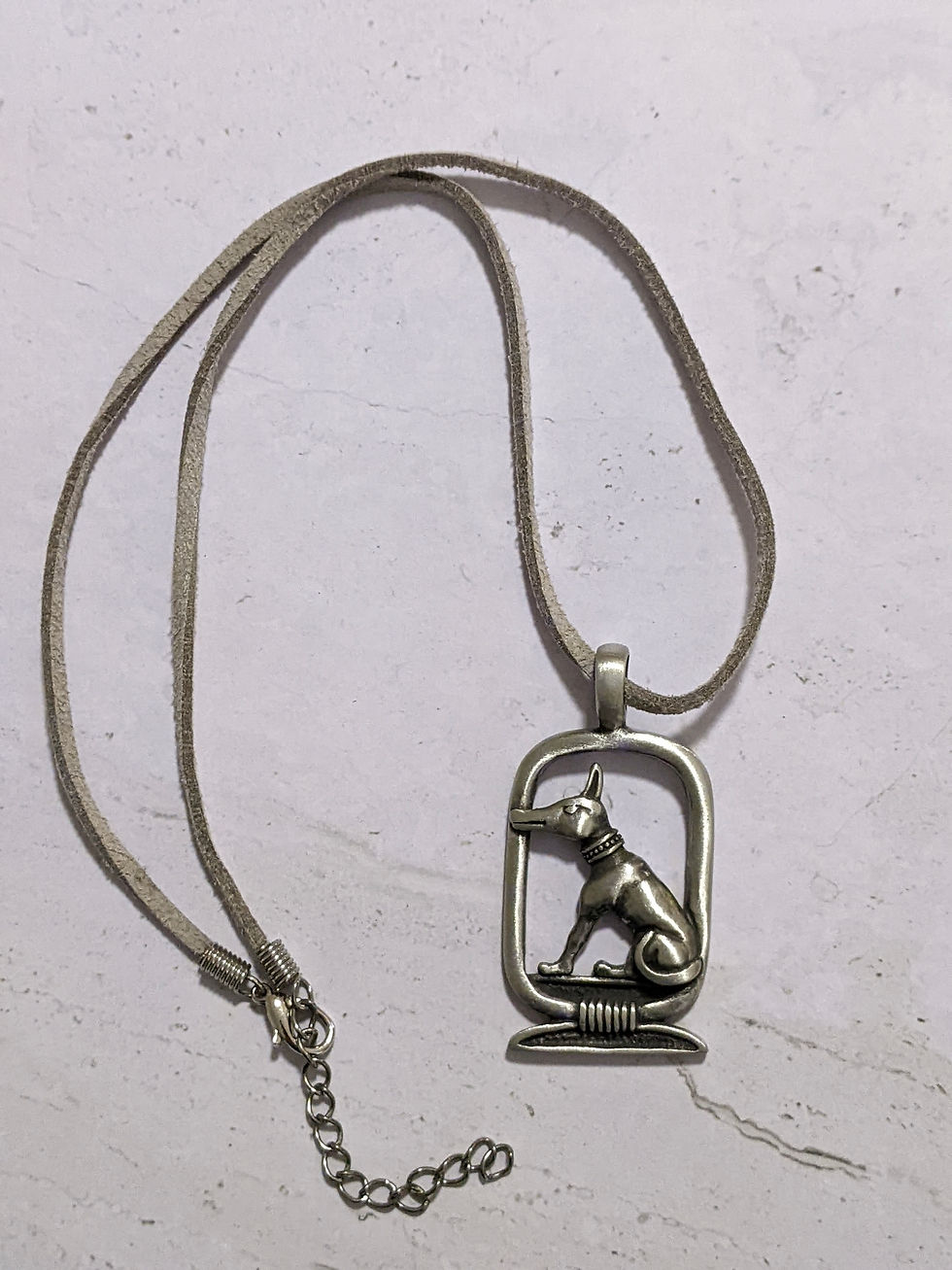 Thumbnail: Egyptian Anubis Framed Pendant Quality Antiqued Pewter Grey Faux Suede Cord
