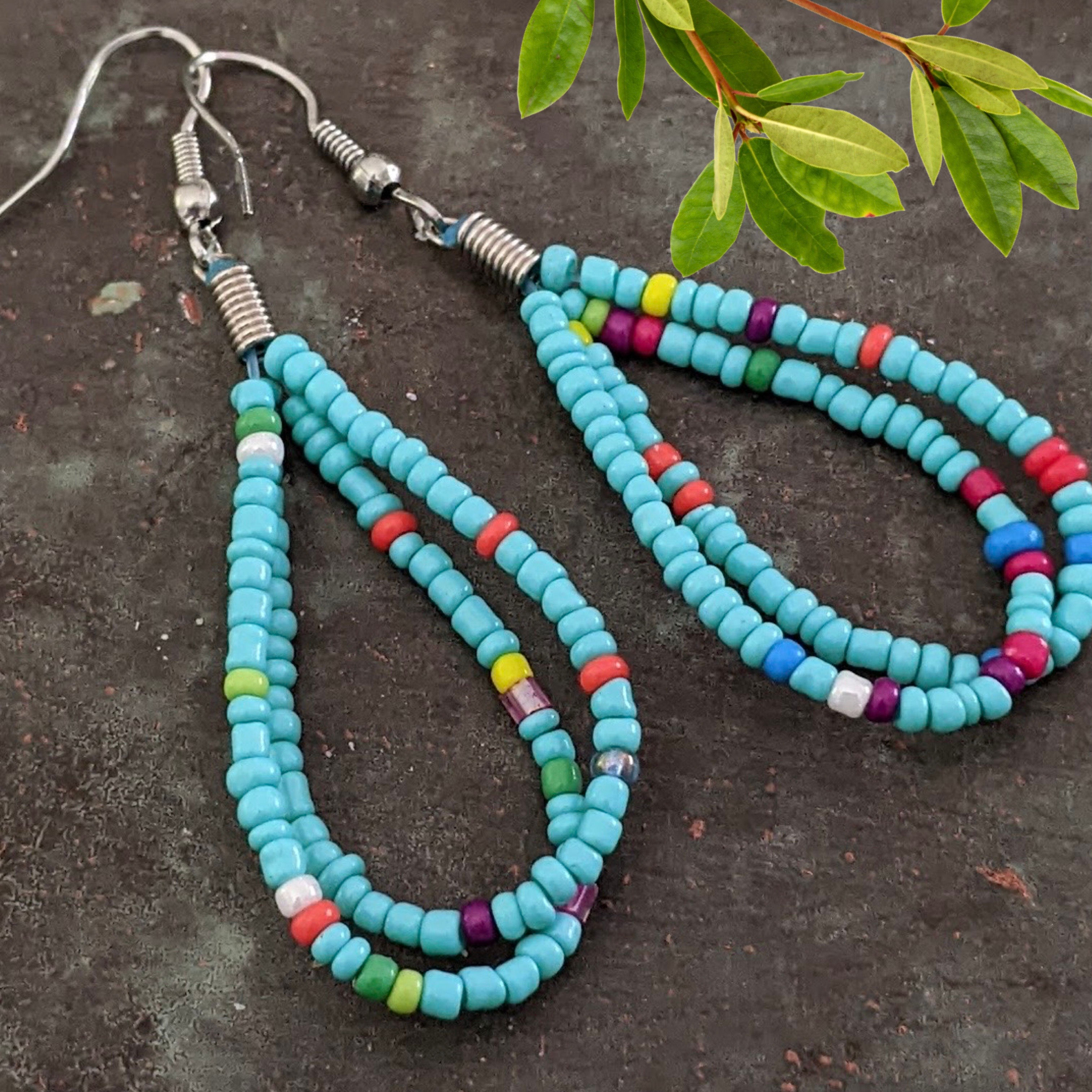 Turquoiose Seedbead Earrings Double Teardrop Loops Silver Tone Lightweight