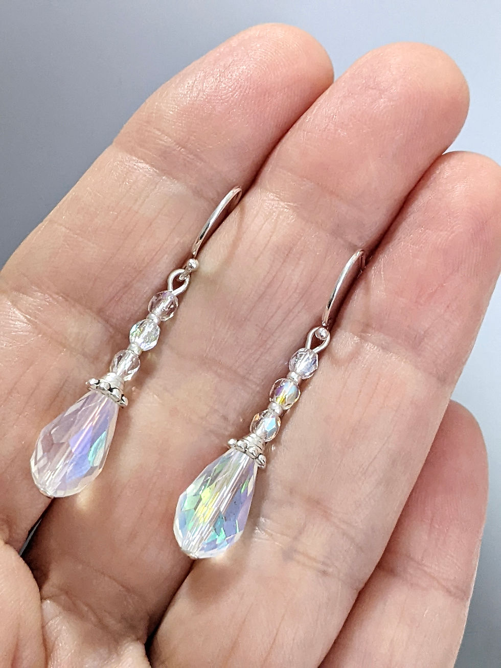 Thumbnail: Clear Aurora Teardrop Earrings Silver Tone Accents Hooks Australia Made
