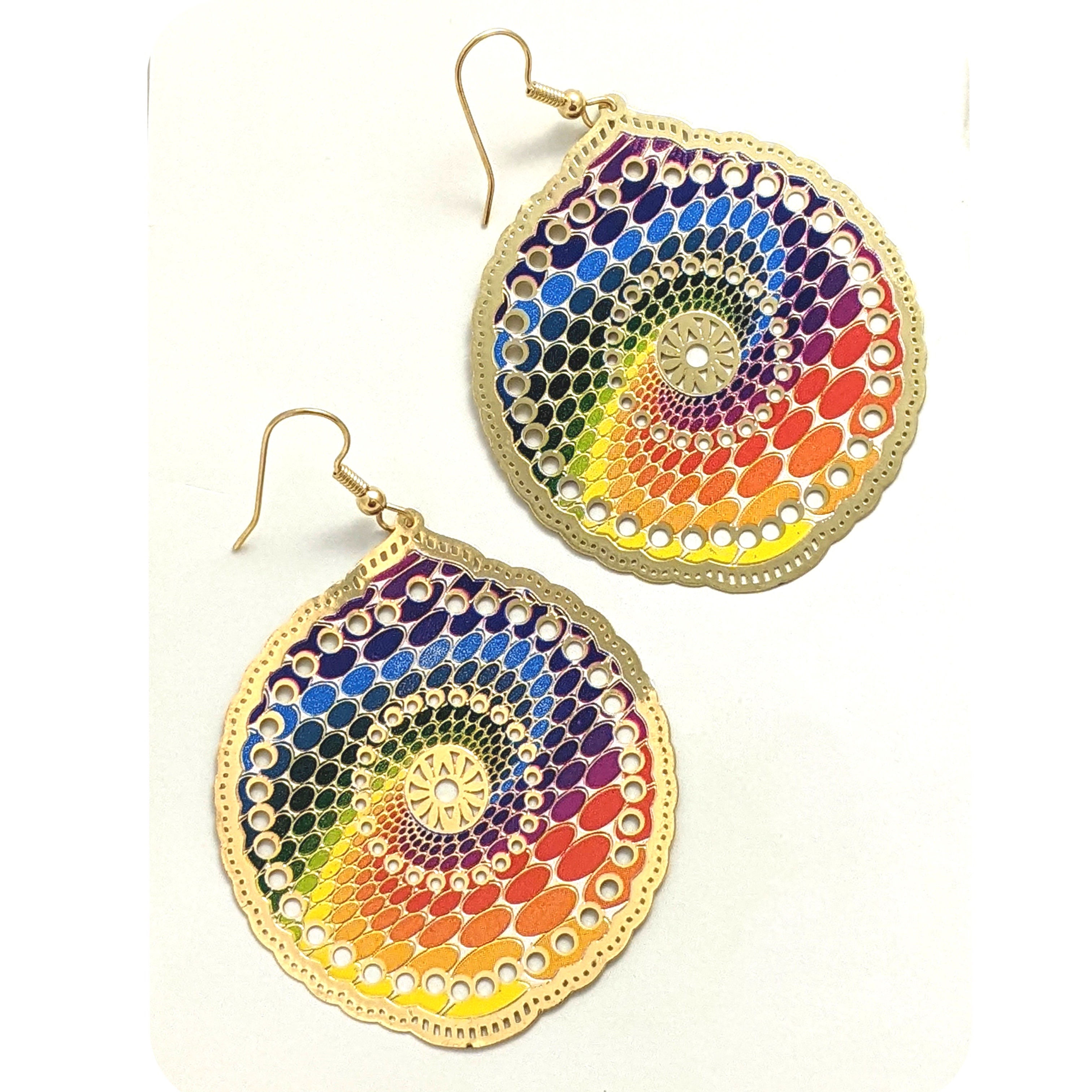 Rainbow Chakra Wheel Earrings Lightweight Laser Cut Gold Plated Brass Ultra Thin