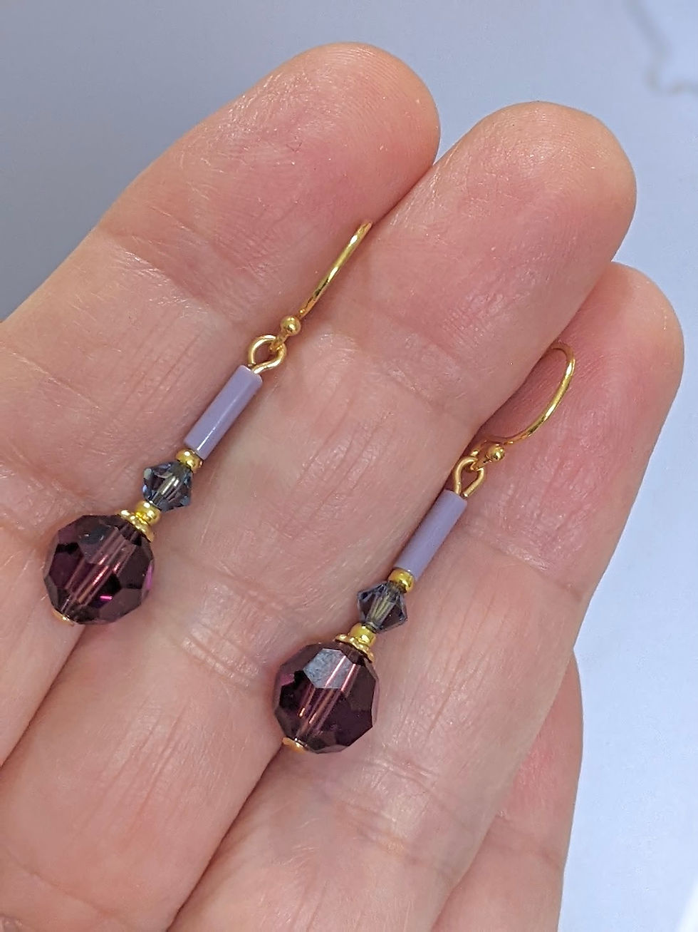 Thumbnail: Amethyst Swarovski Bead Earrings Purple Blue Accents Gold Tone Hooks AUS Made