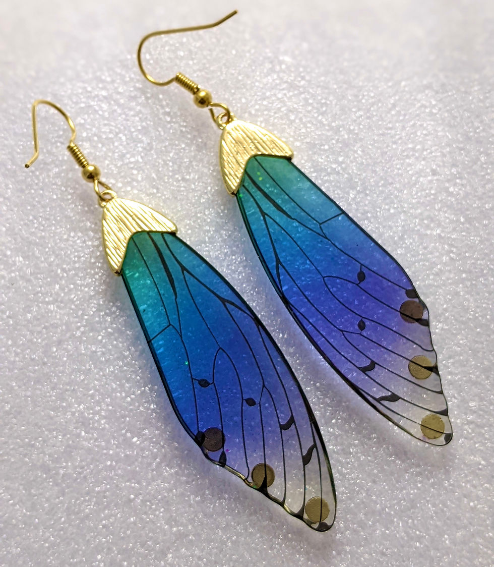 Thumbnail: Wing Long Earrings Butterfly Fairy Purple Aqua Clear Resin Rhinestones Gold Tone