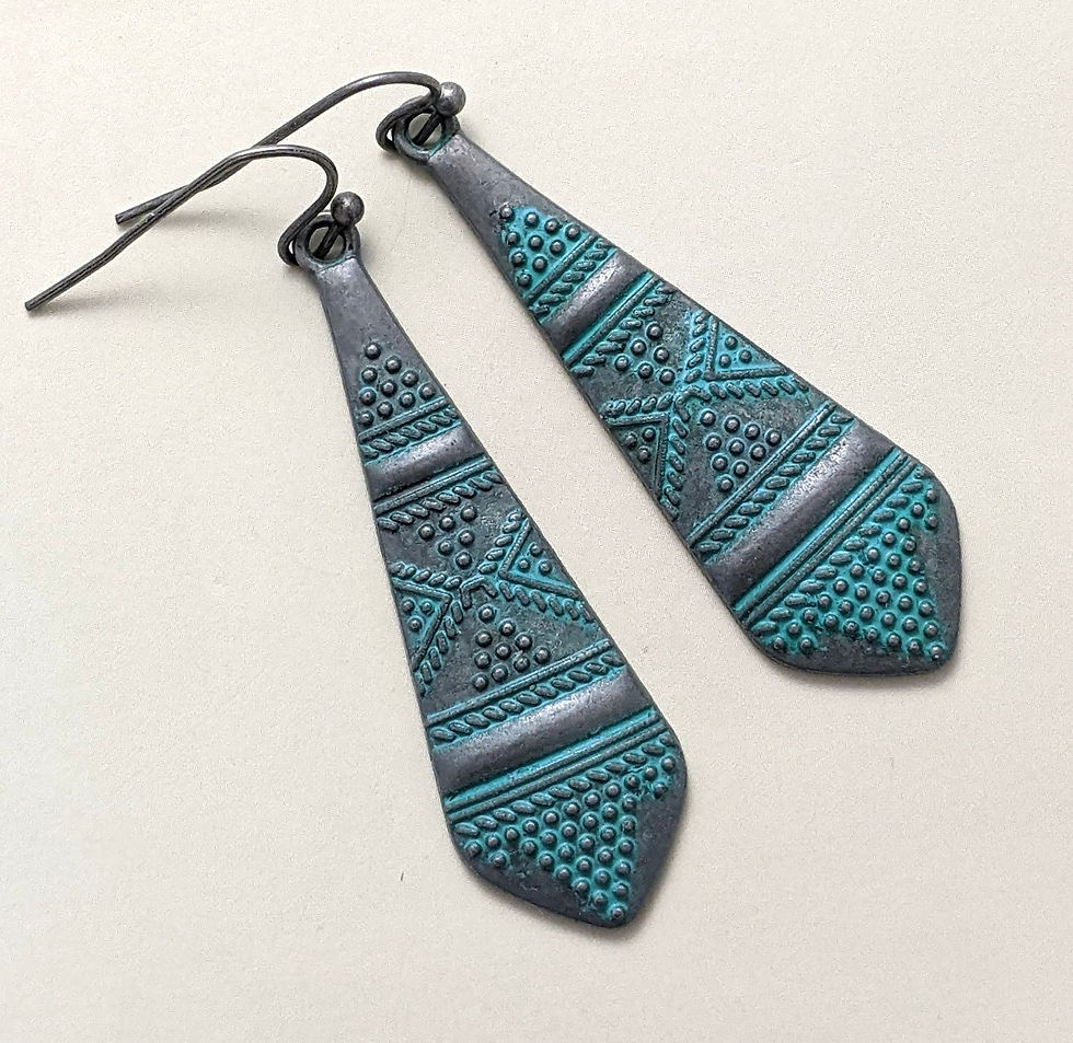 Thumbnail: Teal Patina Earrings Oblong Kite Shape Dots Pattern Dark Silver Metal