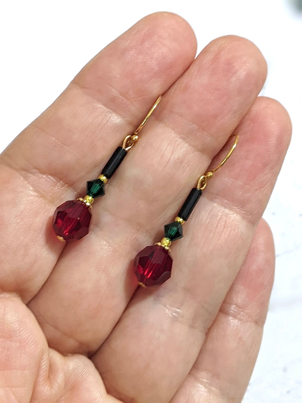 Thumbnail: Deep Red Austrian Crystal Earrings Green Black Accents Gold Tone Hooks AUS Made