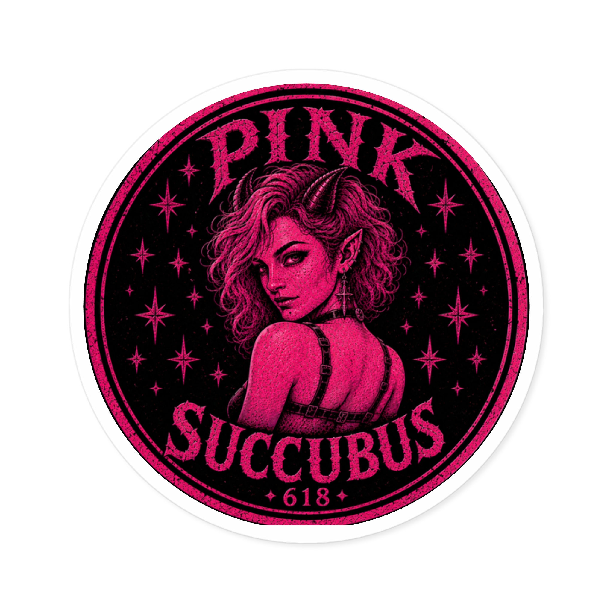 Pink Succubus Round Sticker — Retro Goth Anime Demon Decal (Indoor/Outdoor)