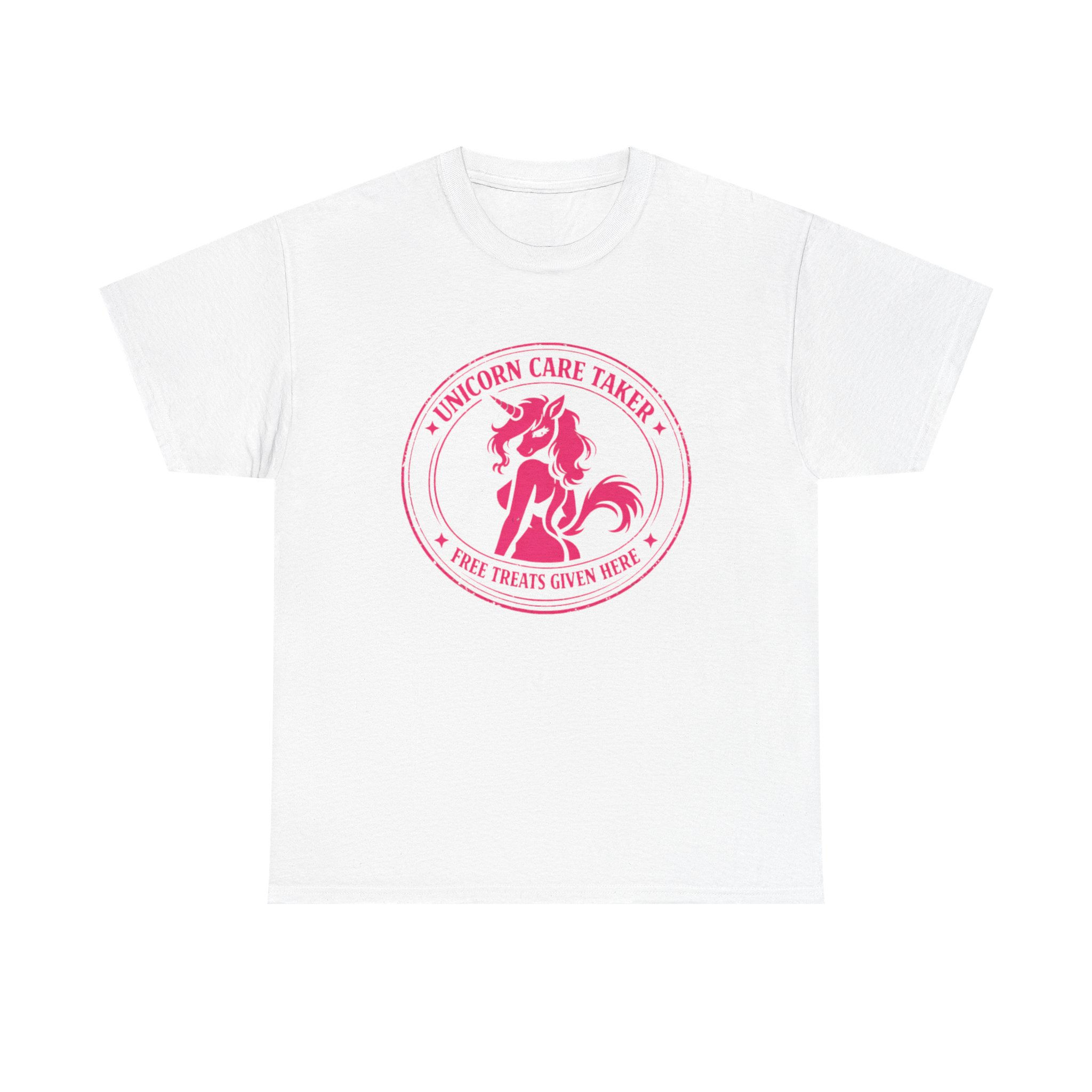 Unicorn Caretaker T-Shirt — "Free Treats Given Here" Pink Stamp Tee