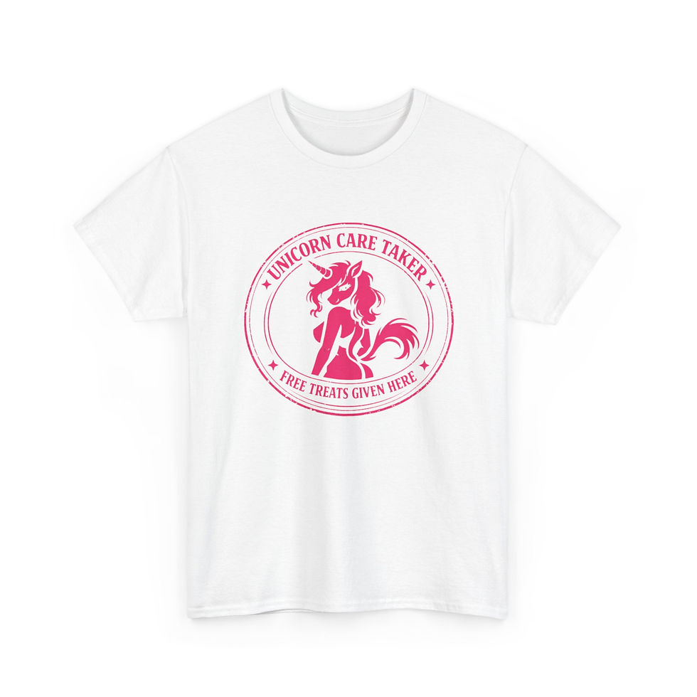 Thumbnail: Unicorn Caretaker T-Shirt — "Free Treats Given Here" Pink Stamp Tee