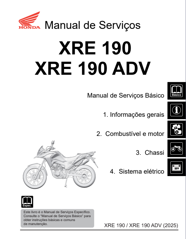 Manual de Serviço Honda XRE 190 - XRE 190 ADV 2025 - PDF