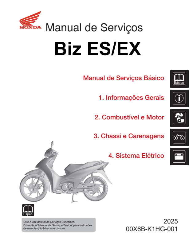 Manual de Serviços Honda Biz 125 ES EX 2025 - PDF