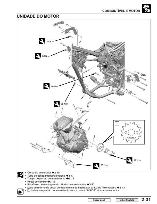 Página interna do manual Honda XRE 190 2025-2026 com procedimentos técnicos