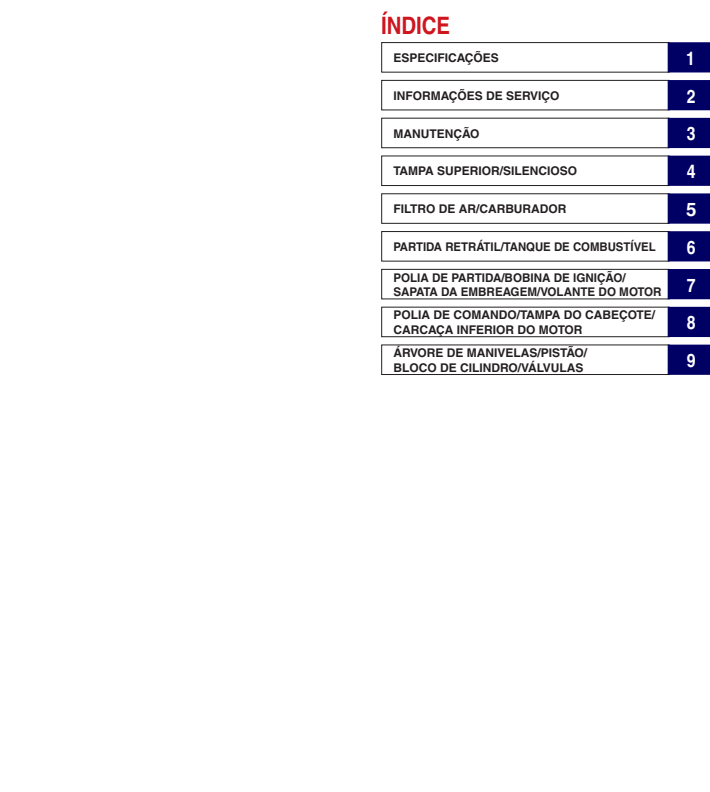 Índice do manual de serviço Honda GXV120 GXV160 1999 com capítulos técnicos