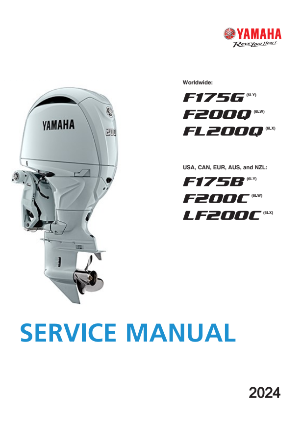 Capa do manual de serviço Yamaha Motor de Popa F175G F200Q F200C 2024 em PDF