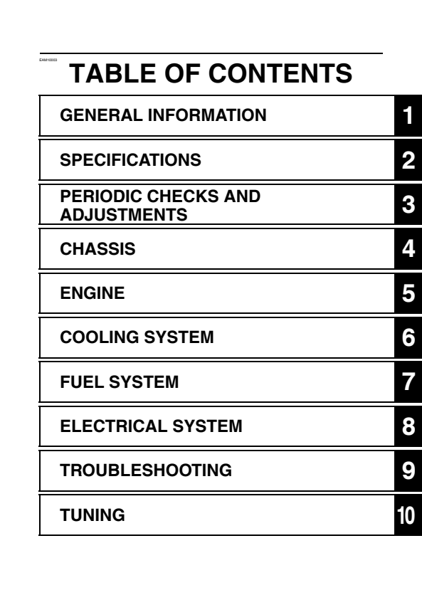Índice do manual de serviço Yamaha WR 450F 2019 a 2020 com capítulos técnicos