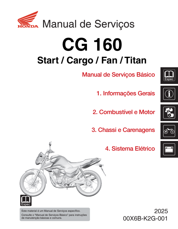 Manual de Serviços Honda CG 160 Start - Cargo - Fan - Titan 2025 - PDF