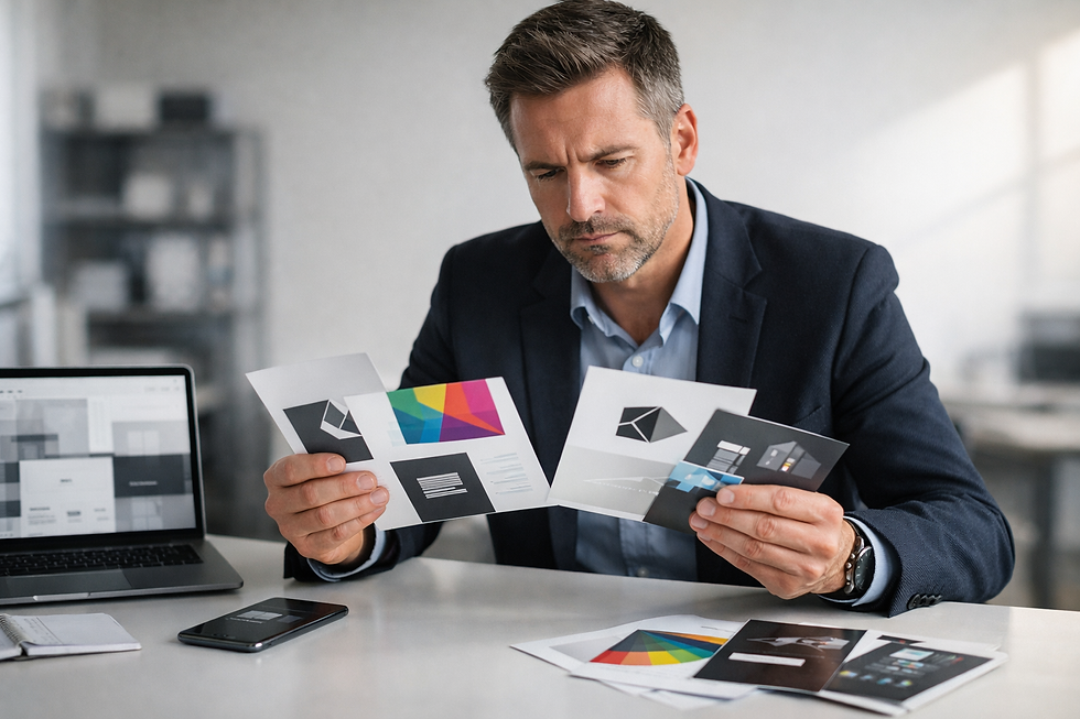 Unternehmer vergleicht uneinheitliche Branding-Materialien in einem modernen Büro; unterschiedliche Logos, Farben und Layouts zeigen einen inkonsistenten Markenauftritt.