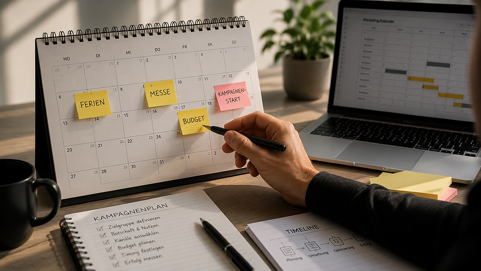 Hand plant Marketing mit Kalender, Laptop und Notizen: Ferien, Messe, Budget, Kampagnenstart im Büro.