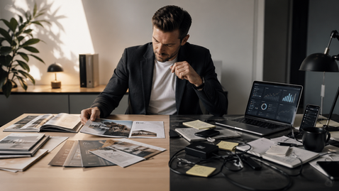 Business-Person sitzt an einem Schreibtisch zwischen ordentlich angeordneten Printmaterialien und einer chaotischen digitalen Arbeitsumgebung mit Laptop und Smartphone, symbolisiert den Kontrast und die Verbindung von Print- und Online-Marketing.