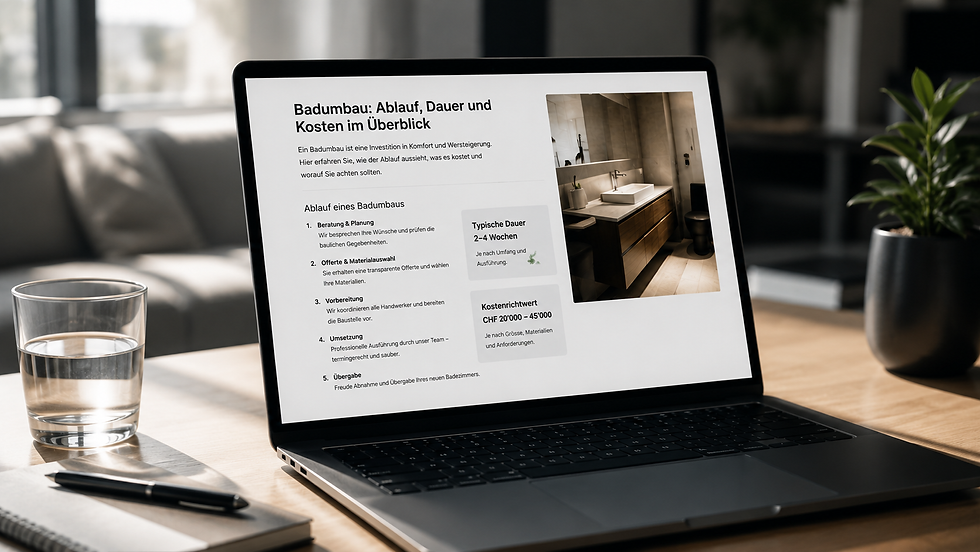 Laptop auf Holztisch zeigt deutschen Artikel zu Badumbau; daneben Wasserglas, Notizblock und Pflanze im sonnigen Raum.