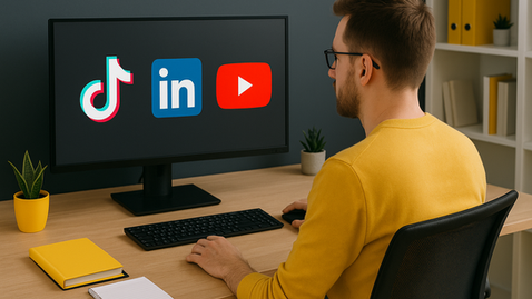 Ein fokussierter Social-Media-Manager sitzt an einem aufgeräumten Schreibtisch und betrachtet auf einem grossen Monitor die Symbole von TikTok, LinkedIn und YouTube – Symbolbild für kanalreduziertes, strategisches Arbeiten im Jahr 2026.