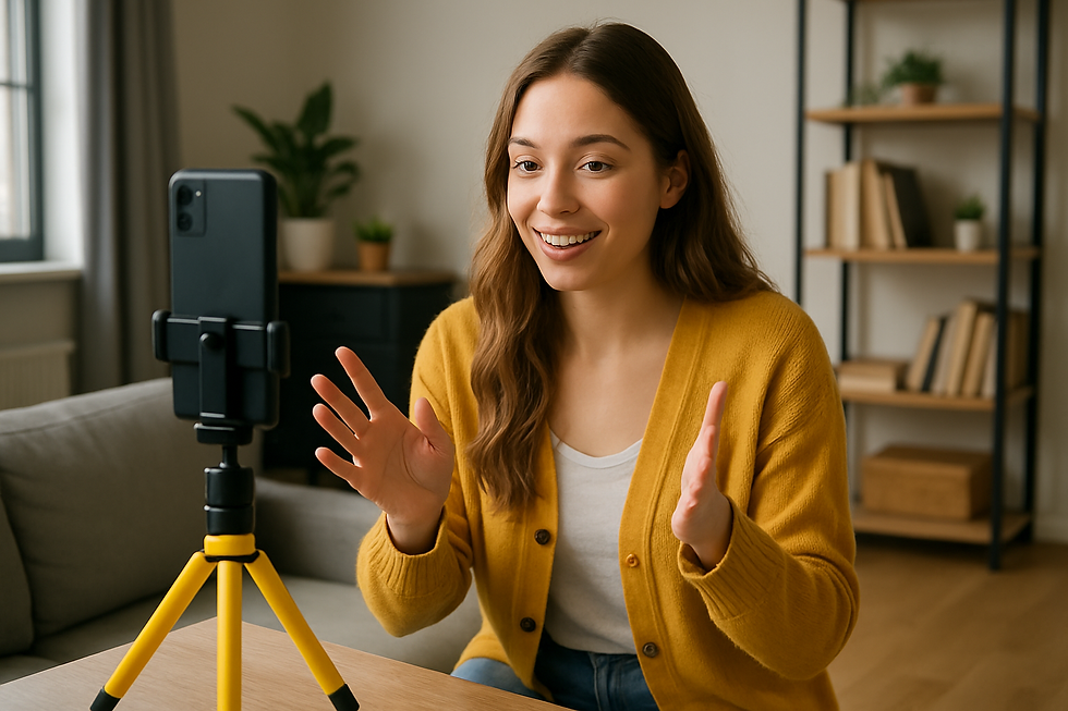 Eine junge Micro-Influencerin nimmt sich selbst mit dem Smartphone in einem hellen Wohnzimmer auf – Symbol für authentische Creator-Kooperation im Social-Media-Alltag.