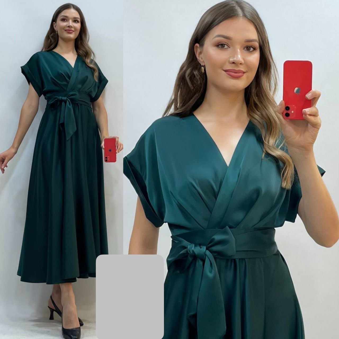 Midi šaty s opaskom - Smaragdové