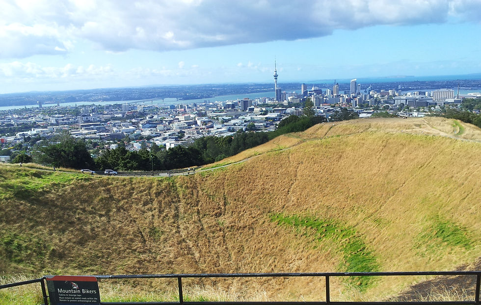 High angle view of Mount Eden volcanic cone with city in the background
