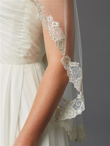 Thumbnail: Silver Scalloped Lace Fingertip Veil