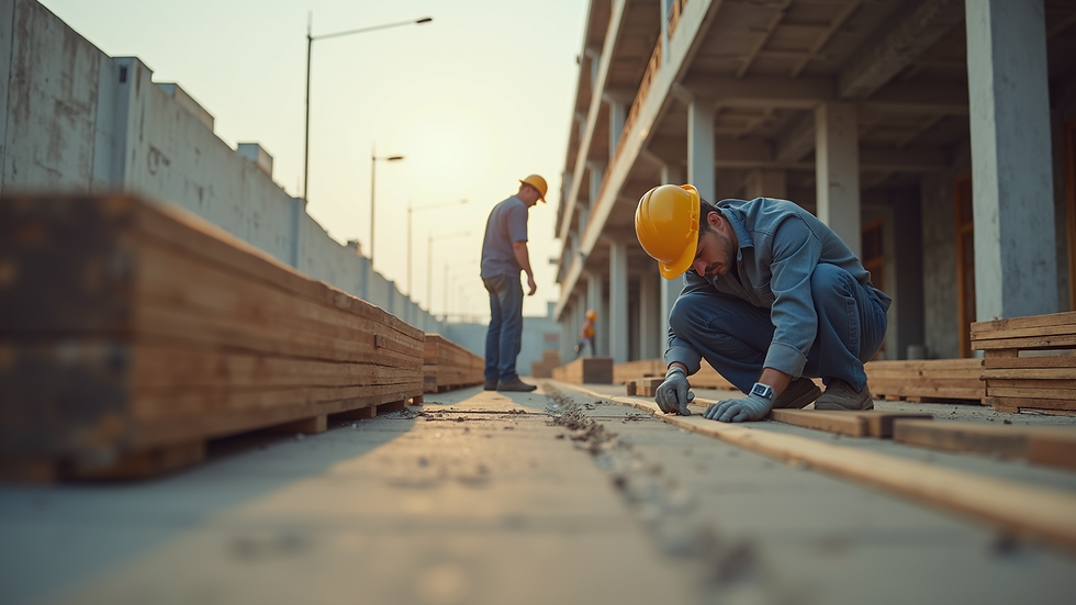 Eye-level view of a construction site showcasing skilled workers and quality materials