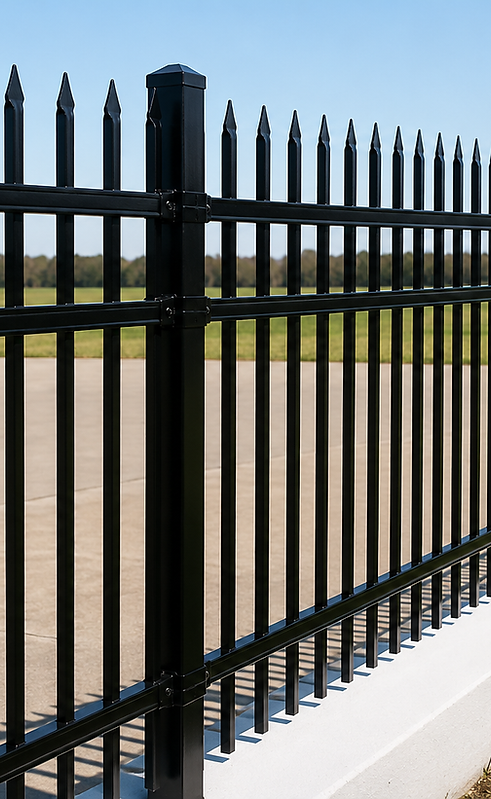 black aluminum security fence with parking lot in the distance