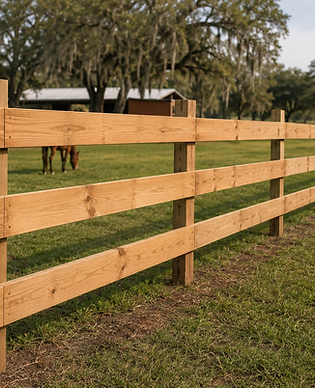 Natural wood three-board horse fence with horses and red barn in Marion County, Florida — Penrod Lumber & Fence