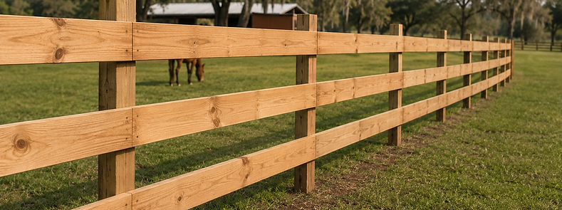 Natural wood three-board horse fence on a Marion County farm with horses grazing behind — Penrod Lumber & Fence serving Ocala, Gainesville, and North Central Florida