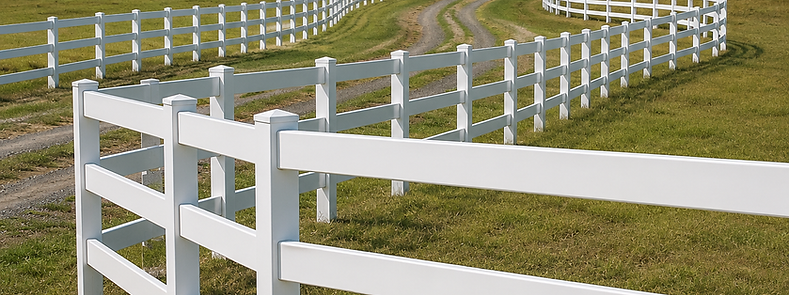 White Vinyl Three rail horse fence with grass at a farm in Brooksville