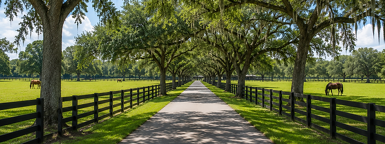 Four Board Horse fence with horses grazing in green fields