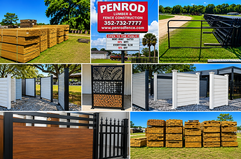 Penrod Lumber & Fence yard and showroom in Ocala, Florida — stacked lumber, fence panels, gates, and display samples at 5345 N US Hwy 441
