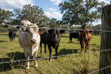 Cows behind a barbed wire fence on Florida ranch