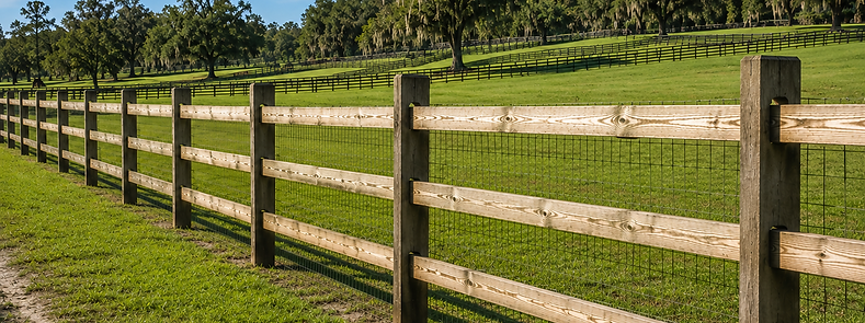 stained three rail horse fence installed on a beautiful horse farm in Ocala, Florida.