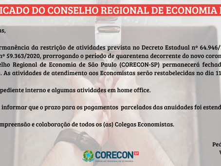 Comunicado Corecon-SP: Quarentena - Covid-19
