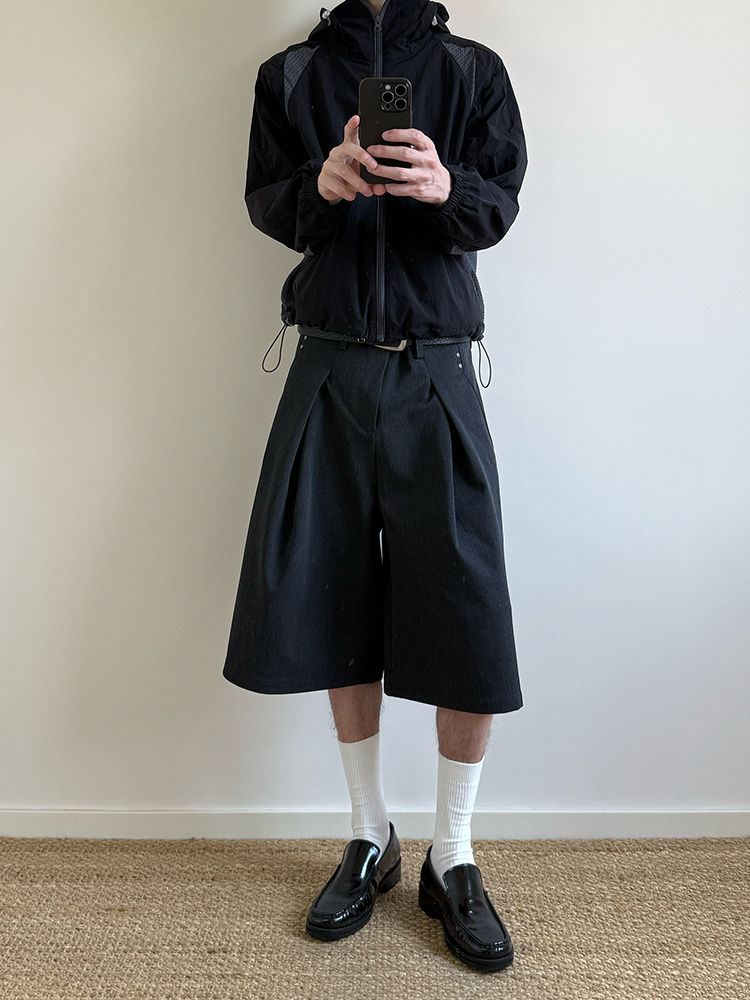 Nerazzurri Summer Autumn Loose Casual Fog Gray Pleated Wide Leg Calf-Length Pant