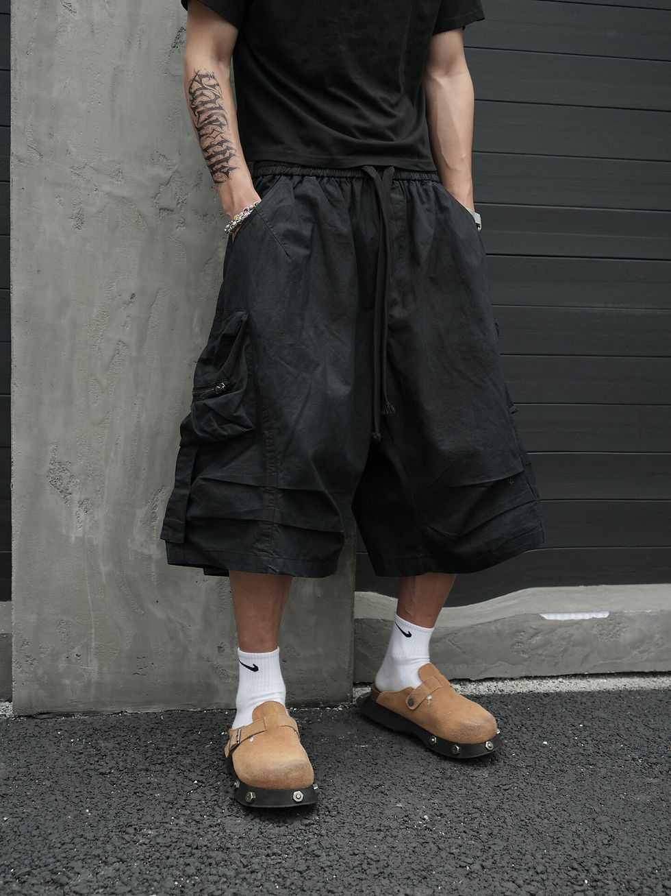 Thumbnail: Nerazzurri Summer Autumn Baggy Black Calf-Length Cargo Wide Leg Pants Men Elasti