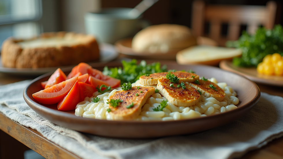 Eye-level view of a healthy meal laid out on a table