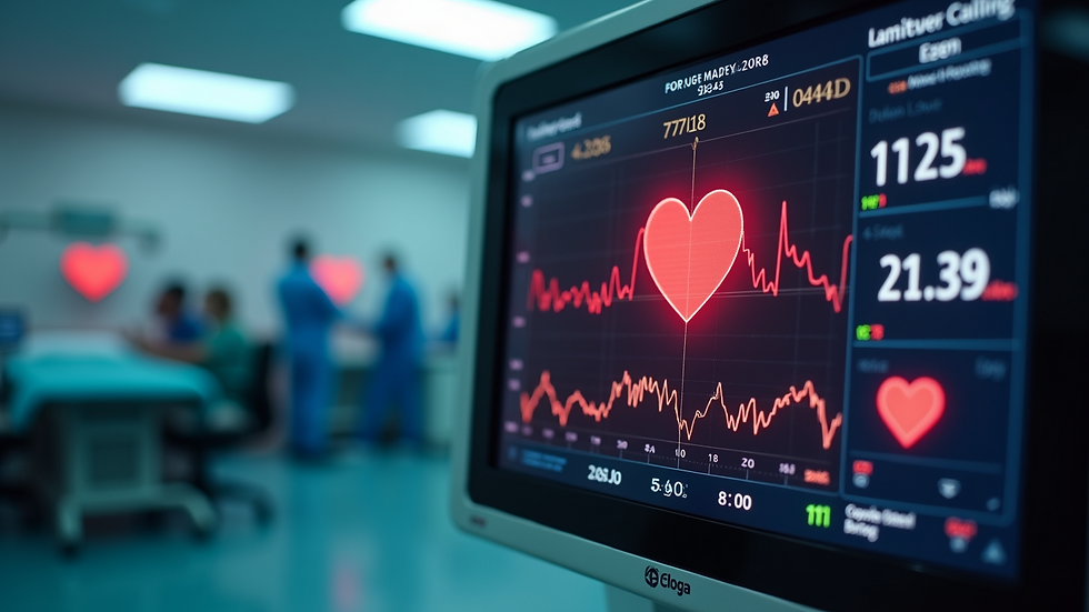 Wide angle view of a heart monitor displaying vital health data
