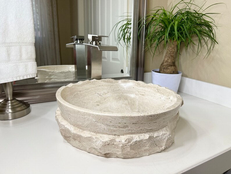 Thumbnail: Marble Wash Basin Sink, Travertine Rustic Chieseled Sink