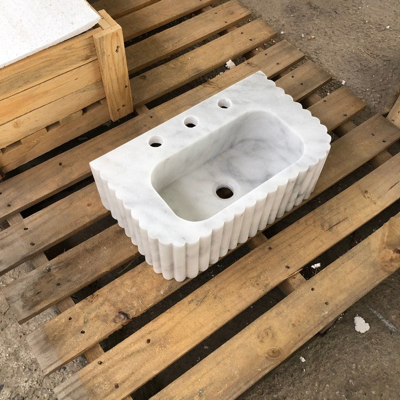 Thumbnail: Carrara Marble Above Vanity Sink, Fluted Marble Sink, Grooved Rectangle Sink