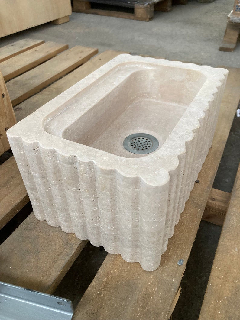 Thumbnail: Travertine Fluted Sink, Beige Marble Above Vanity Sink, Rectangle Washbasin 