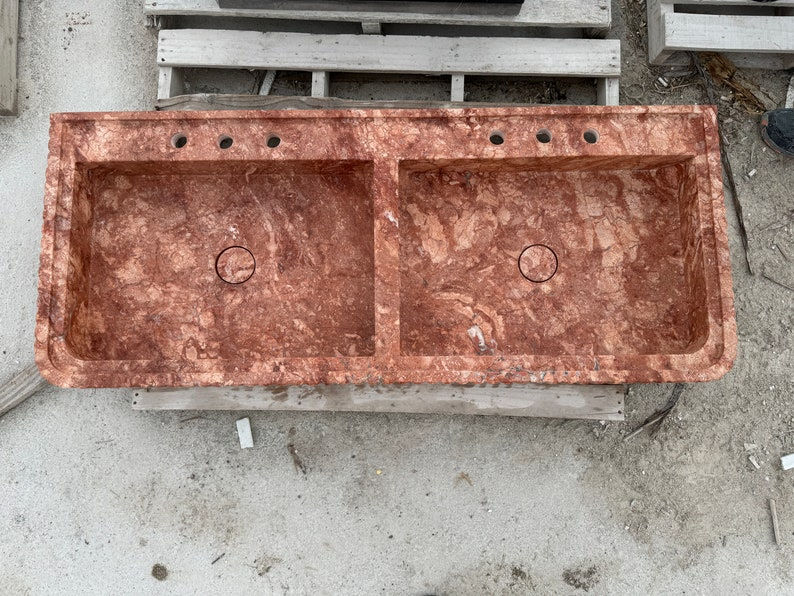 थंबनेल: Italian Red Travertine Wall-mount Double Sink 