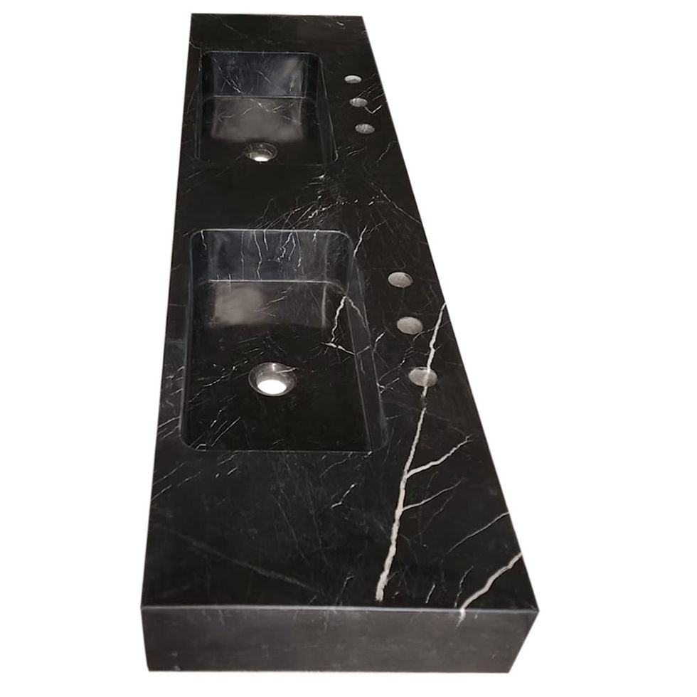 Thumbnail: Black Marble Minimalist Style Wall-mount Wash Basin Double Sink 