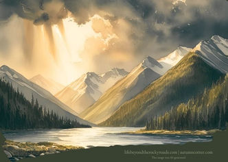 Storm over mountains with sunlight shining through.