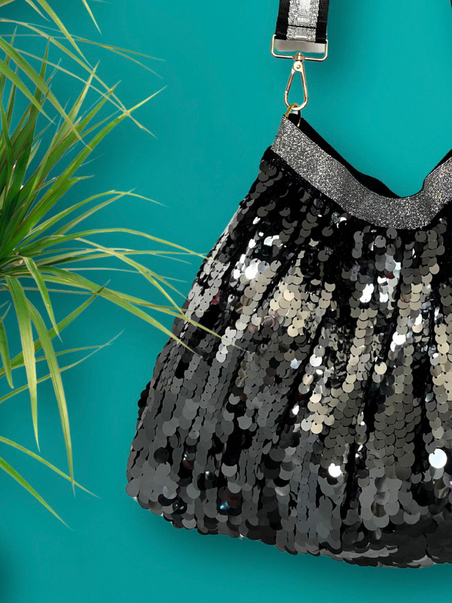 Thumbnail: Refashioned Sequin Bag - Black & Grey & Silver Shine