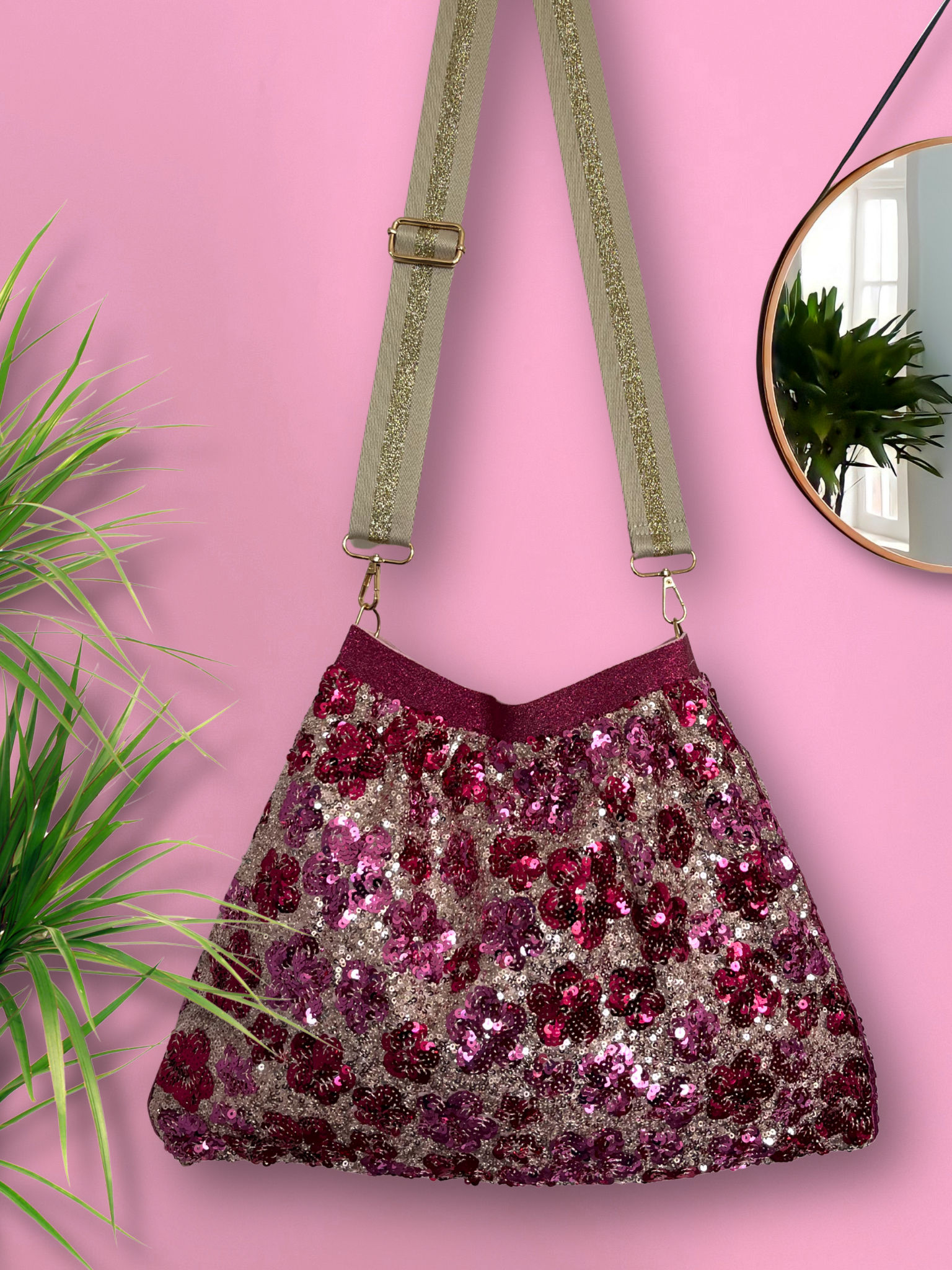 Refashioned Sequin Bag - Pink & Cherry Red Boho Flower